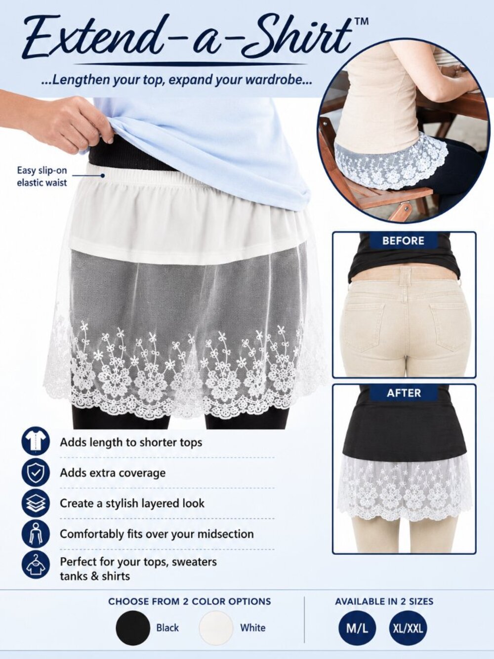 Smart Tex 2-Pack Women's Adjustable Lace Shirt Extenders (Black & White)